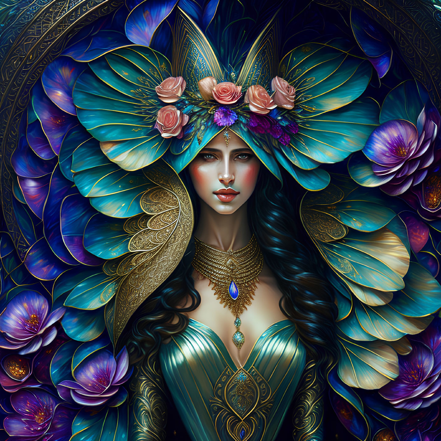 Fantastical woman with blue and green plumage and floral crown in floral setting