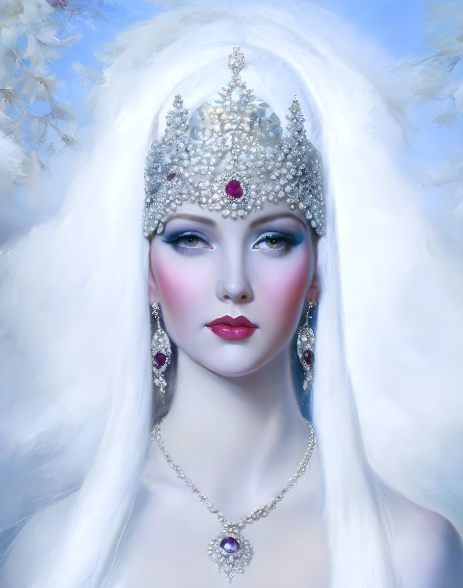 Pale-skinned woman with white hair in gem-studded crown and elegant jewelry on soft blue backdrop