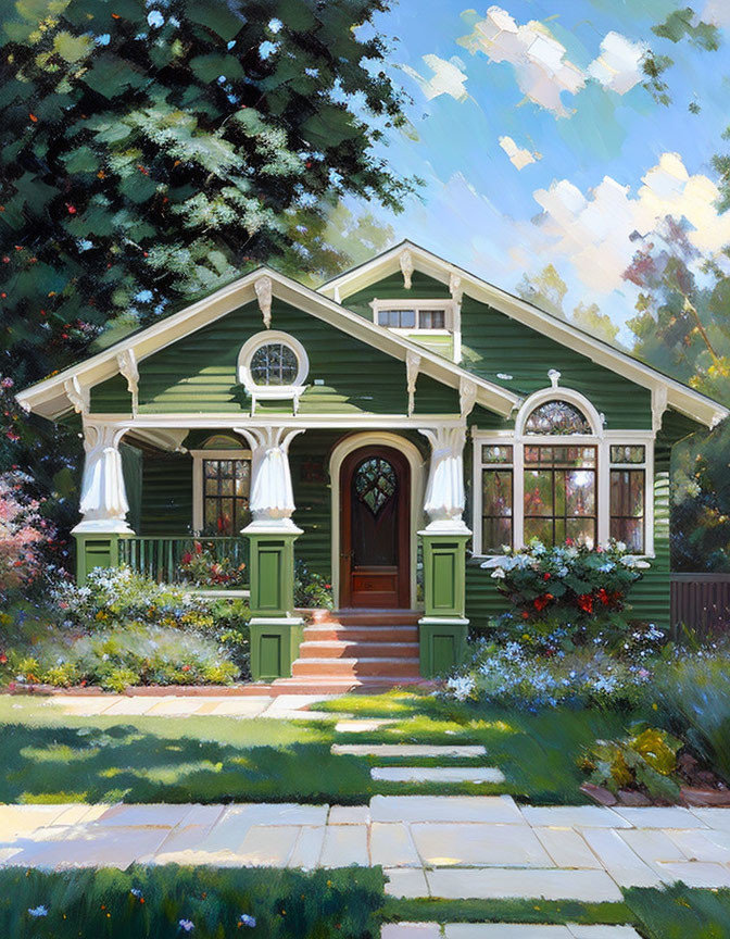 Green house with white trim, porch, garden, trees, and pathway