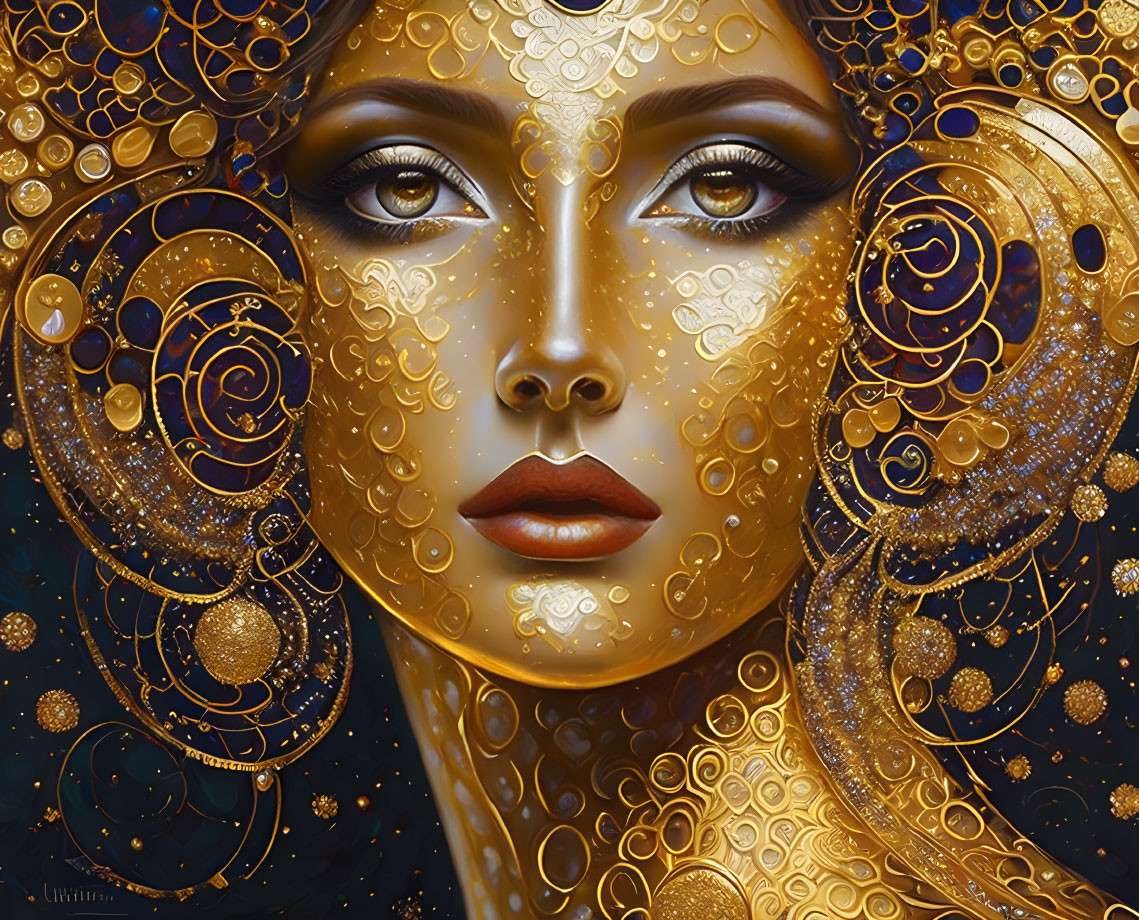 Golden-patterned digital artwork of a woman's face with swirling designs