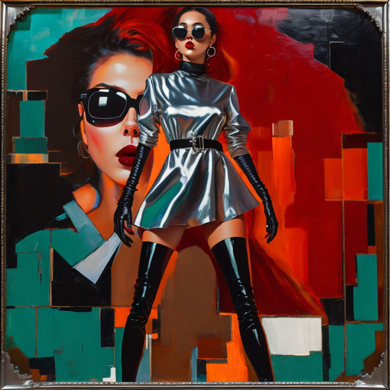 Colorful street art featuring stylish woman in metallic dress, sunglasses, thigh-high boots, geometric backdrop