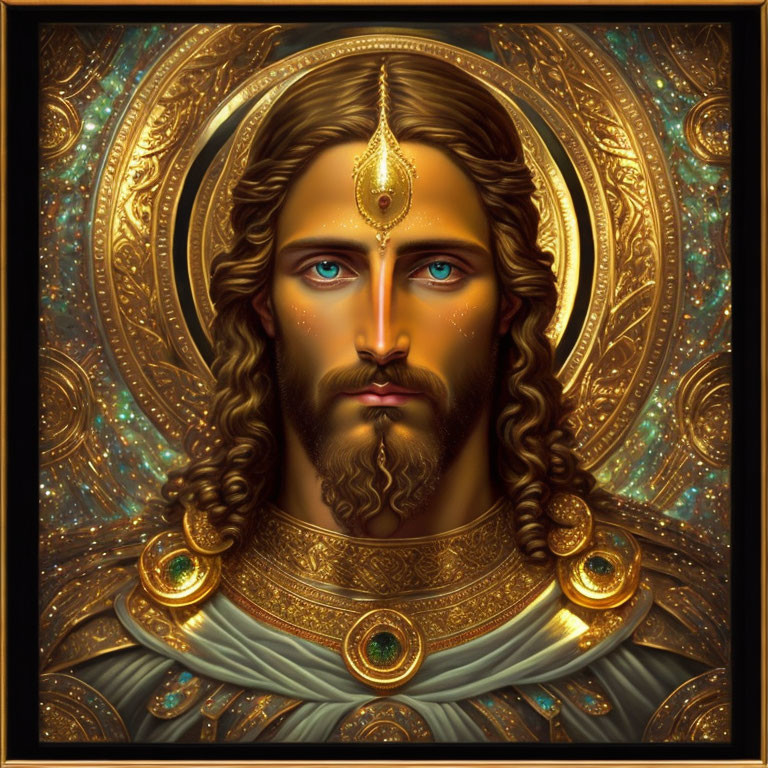 Ornate portrait of a man in gold armor with blue eyes and mystical background