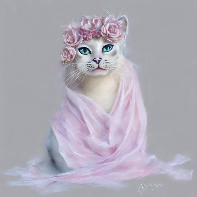 Stylized cat illustration with floral crown and pink fabric