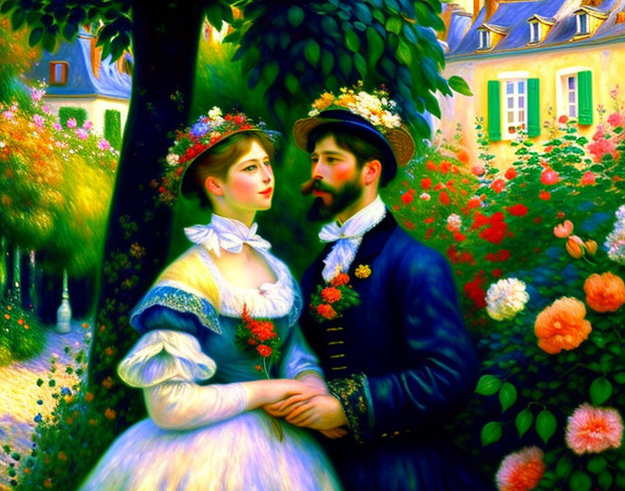 Vintage Clothing Couple Embracing in Flower-Filled Garden