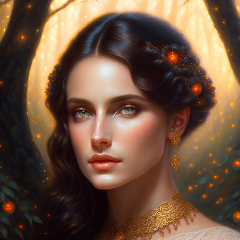 Illustrated woman with green eyes, gold jewelry, orange blossoms, against forest backdrop