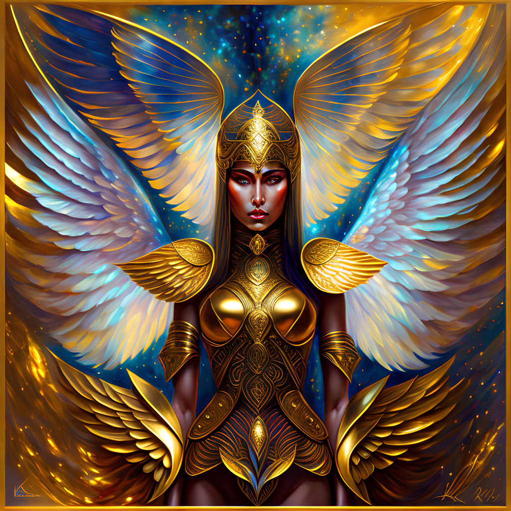 Golden-armored figure with blue wings on shimmering backdrop