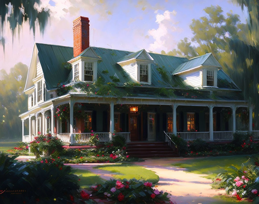 Two-story house with large porch in lush greenery at twilight