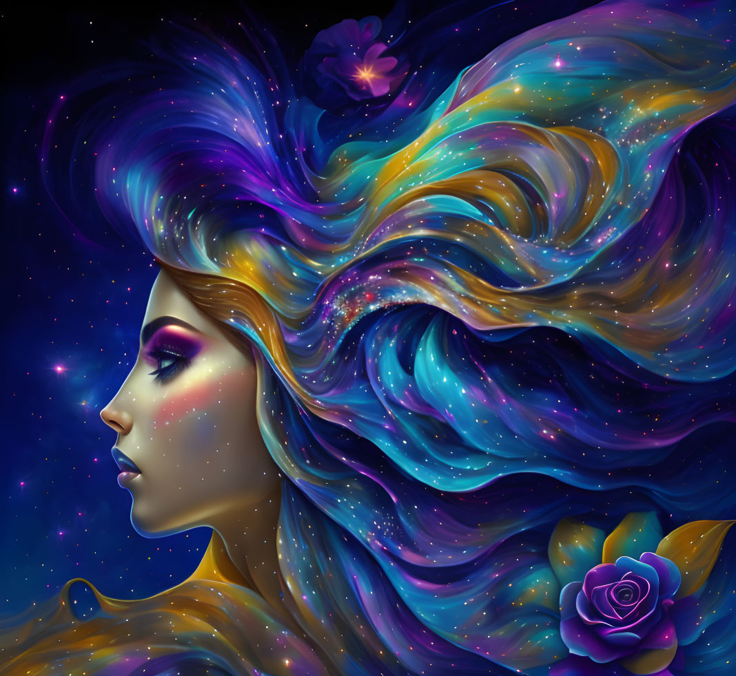 Vibrant galaxy-themed hair on a woman in digital illustration