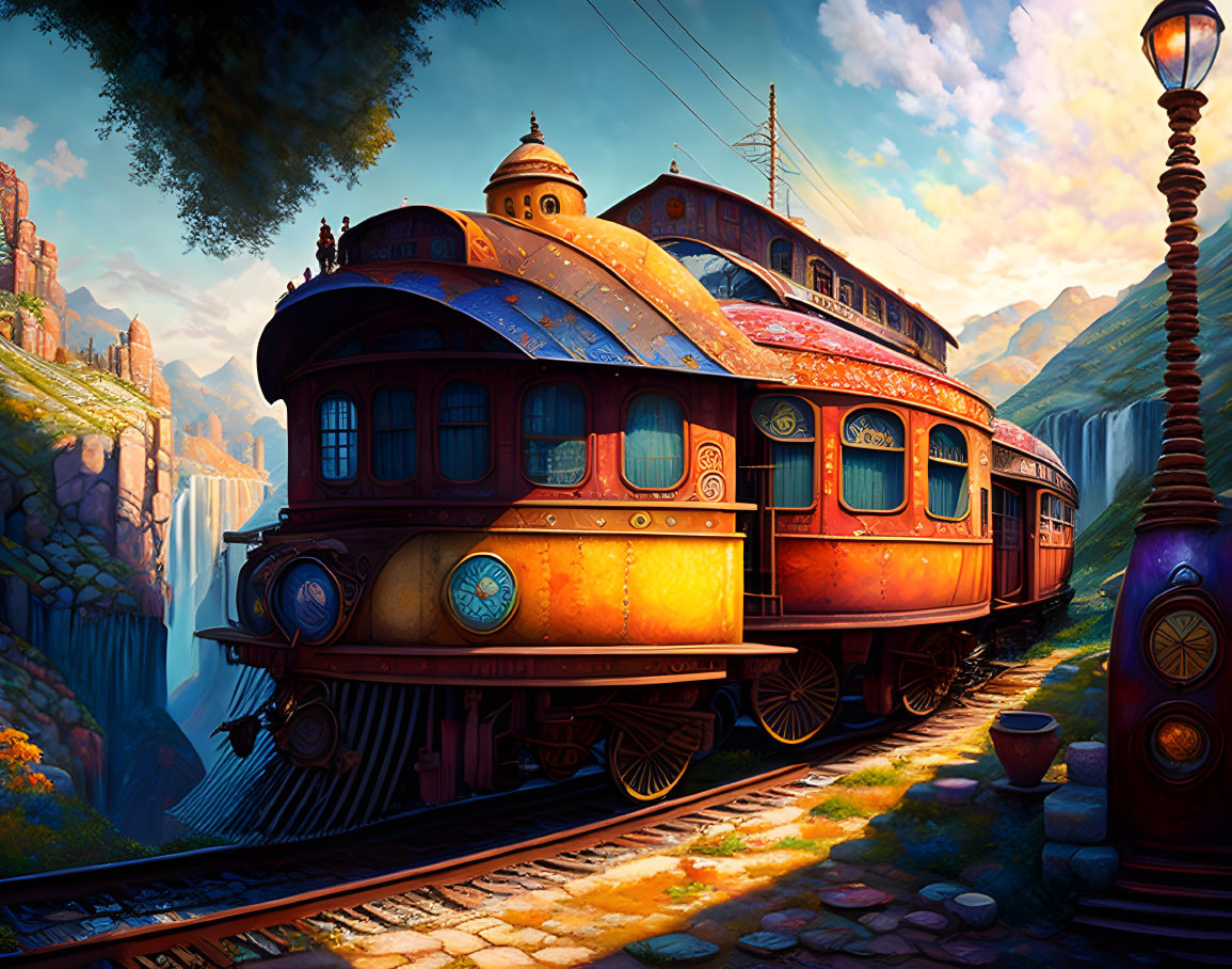 Ornate vintage train on tracks with colorful carriages, cliffs, lamp post, and sunset sky