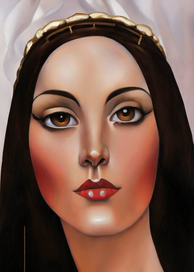 Stylized painting of a woman with white headdress and gold crown