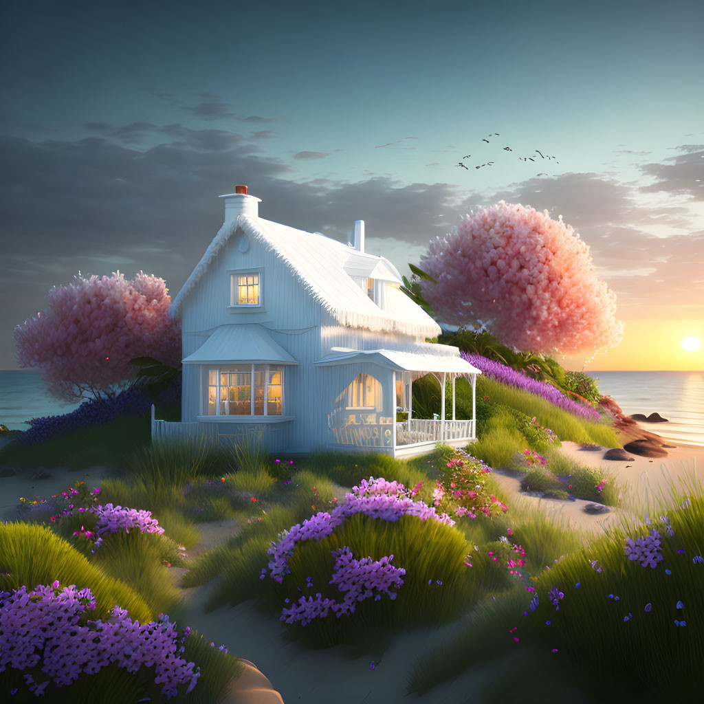 Seaside Cottage Sunset Scene with Gardens and Ocean View