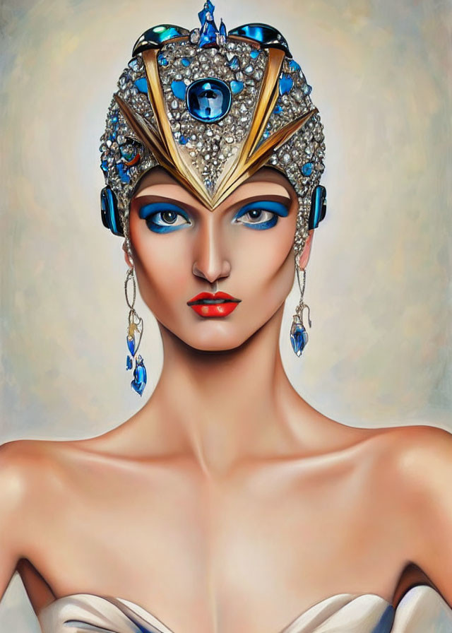 Stylized portrait of woman in bejeweled crown with blue gem