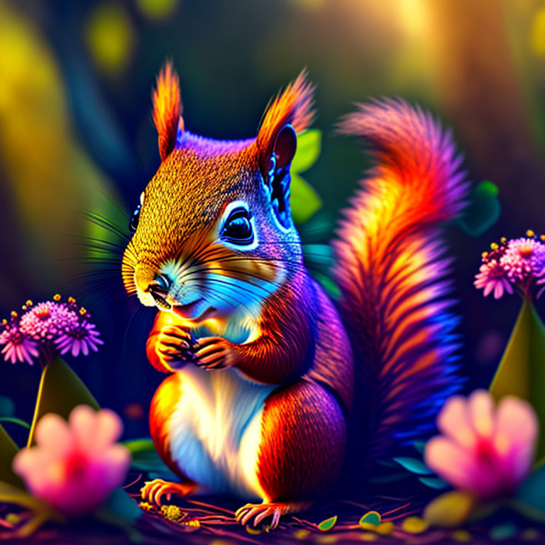 Colorful digital illustration of squirrel in vibrant flora & surreal lighting