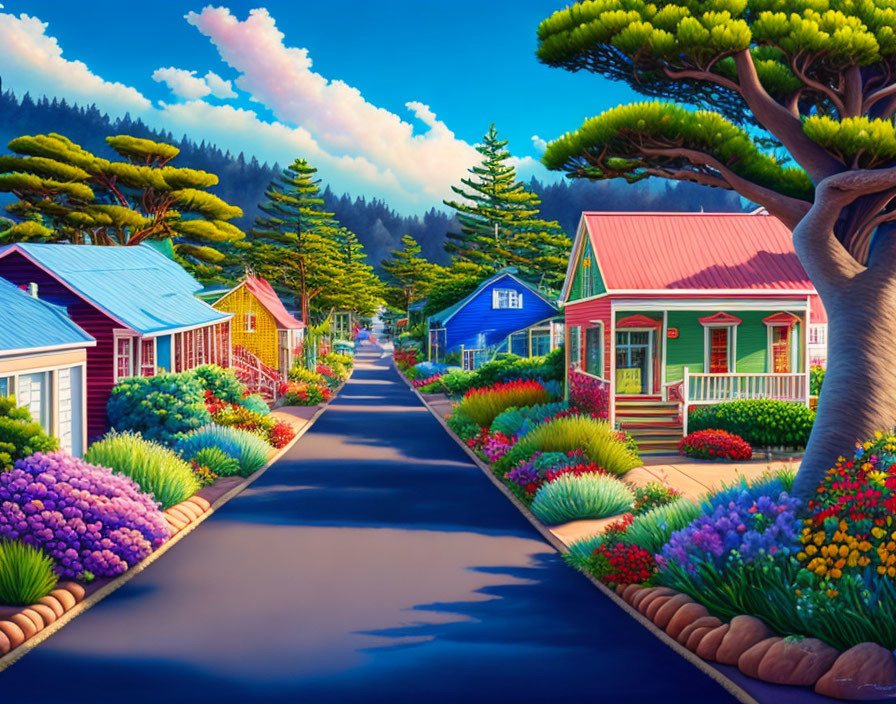Tranquil road with colorful cottages and vibrant flowers