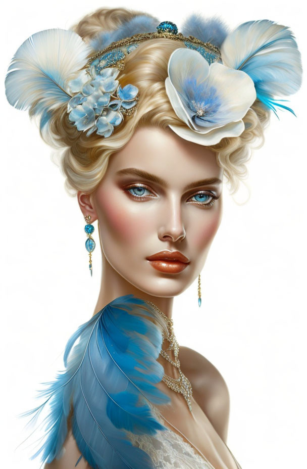 Illustrated woman with blue makeup, feathers, flowers, and jewelry.