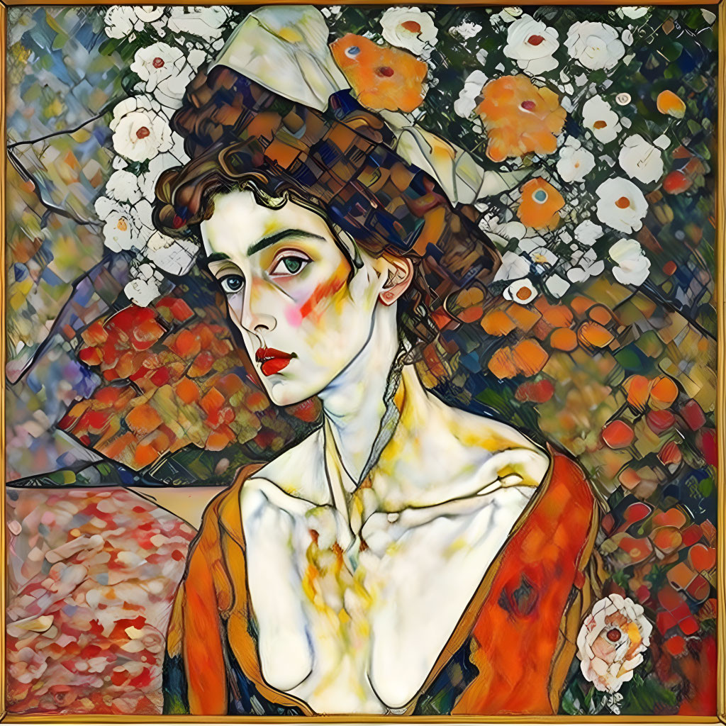 Stylized portrait of a woman with brown hair in pale headdress amid colorful abstract flowers. Orange