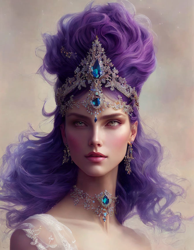 Portrait of woman with vibrant purple hair and ornate silver and blue jewel headpiece, matching earrings,