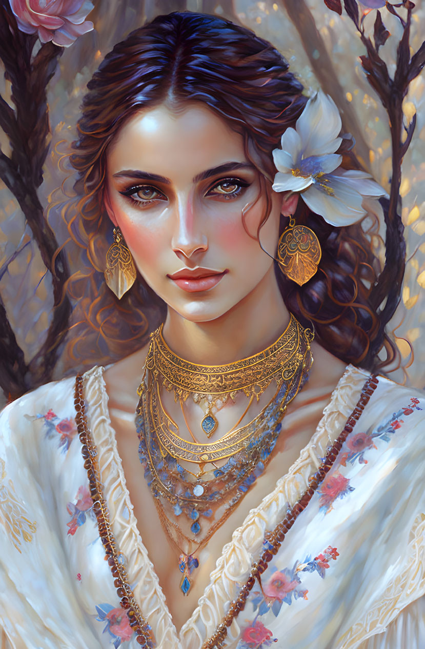 Detailed digital portrait of woman with intricate jewelry and floral hair adornment in white outfit against blossoming branch