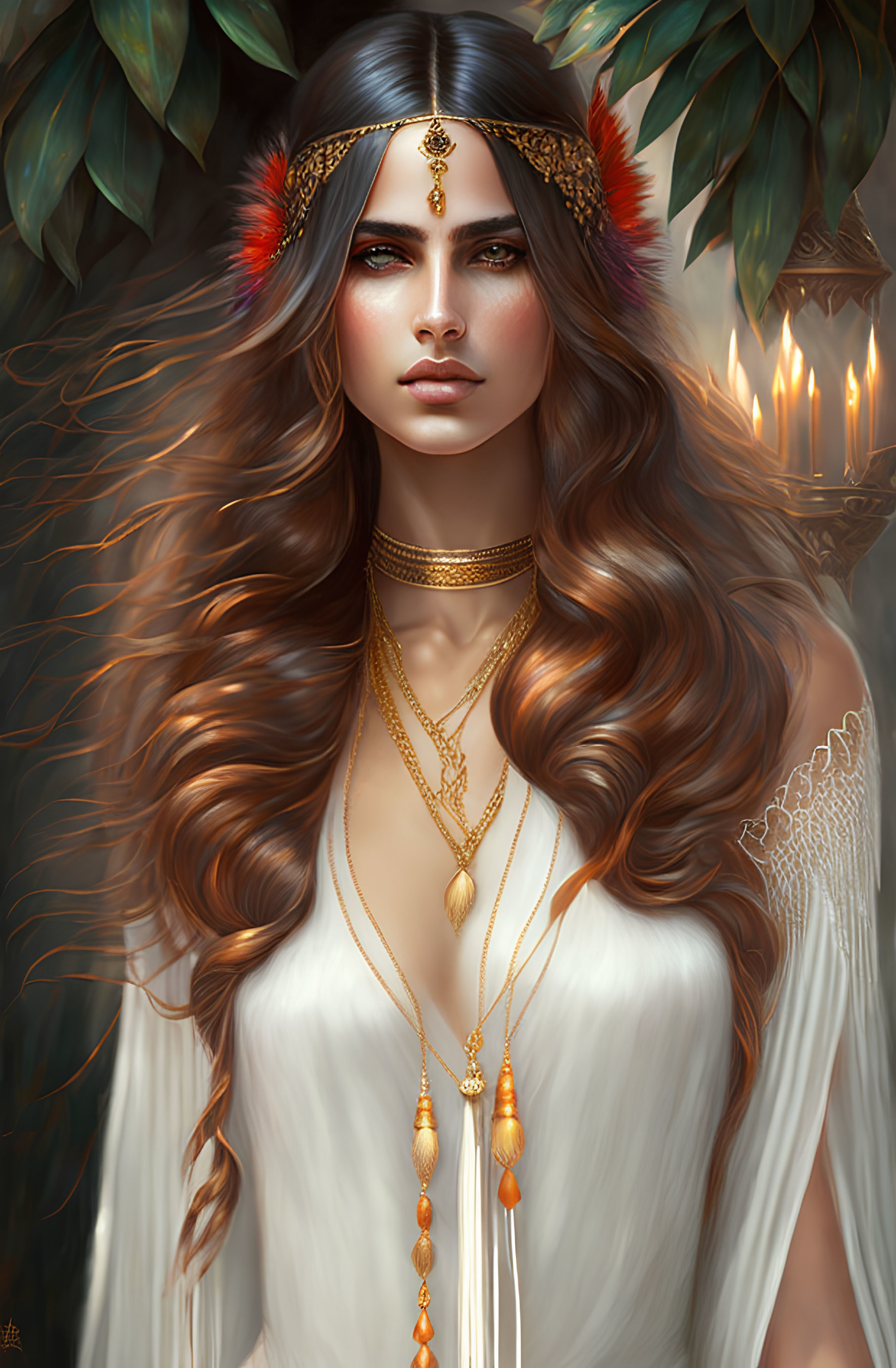 Digital portrait: Woman with flowing brown hair, intense gaze, feathered headdress, gold jewelry,