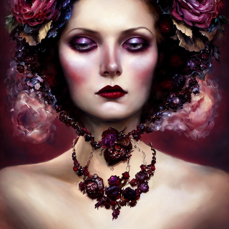 Portrait of person with pale skin, dark lips, eyeshadow, floral headpiece, and dark