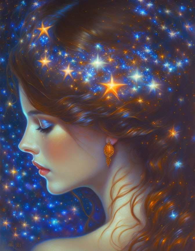 Surreal portrait of woman with cosmic hair and golden earring