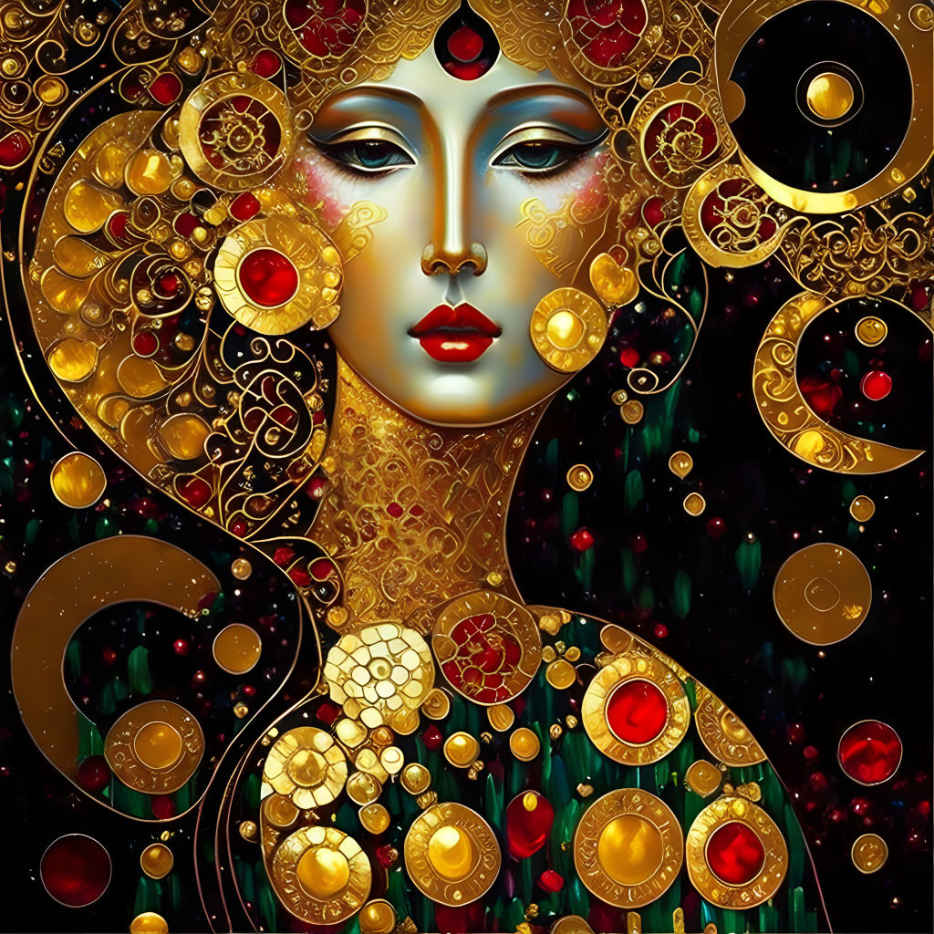 Stylized woman's face digital art with gold details and cosmic background