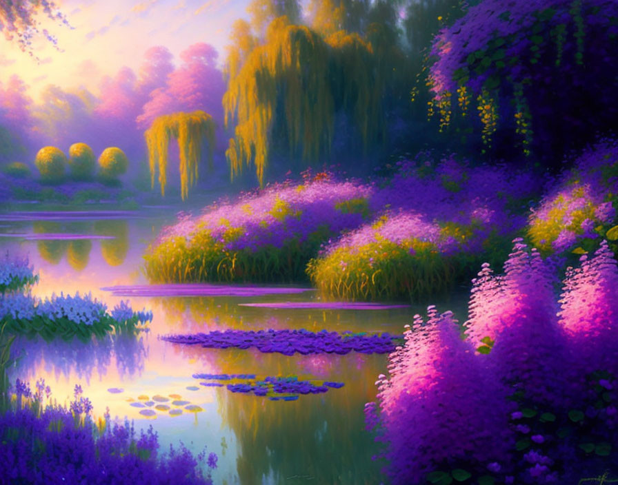 Tranquil pond with lush flowers and colorful sky