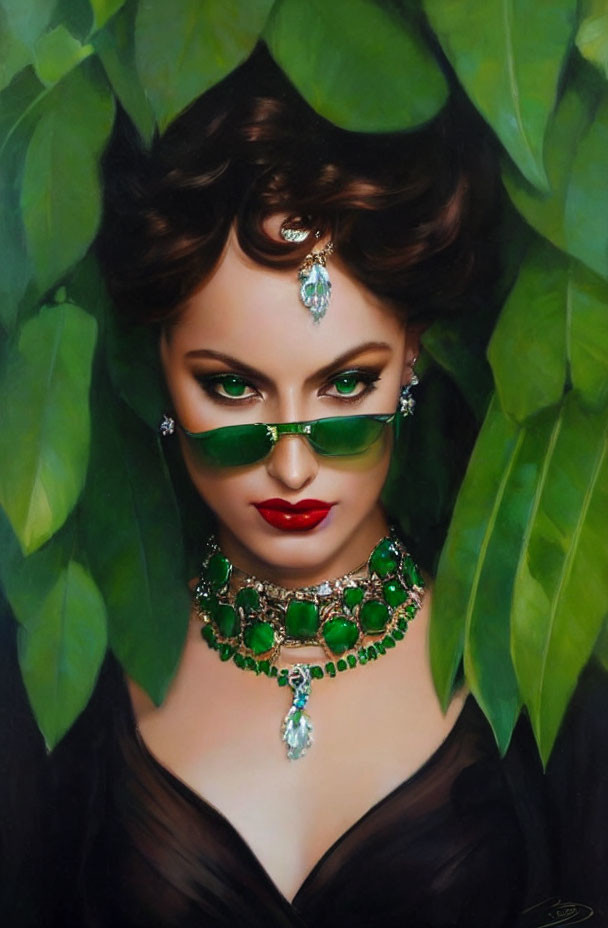 Woman with Striking Eyes in Emerald Jewelry and Tiara Among Green Leaves