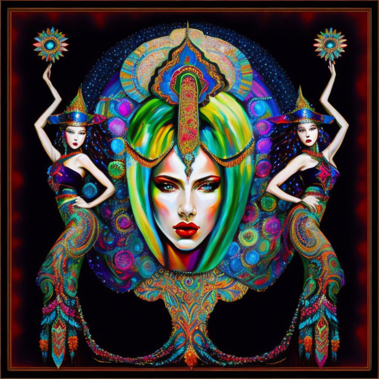 Colorful digital artwork: stylized woman's face, bold eye makeup, symmetrical figures, psychedelic