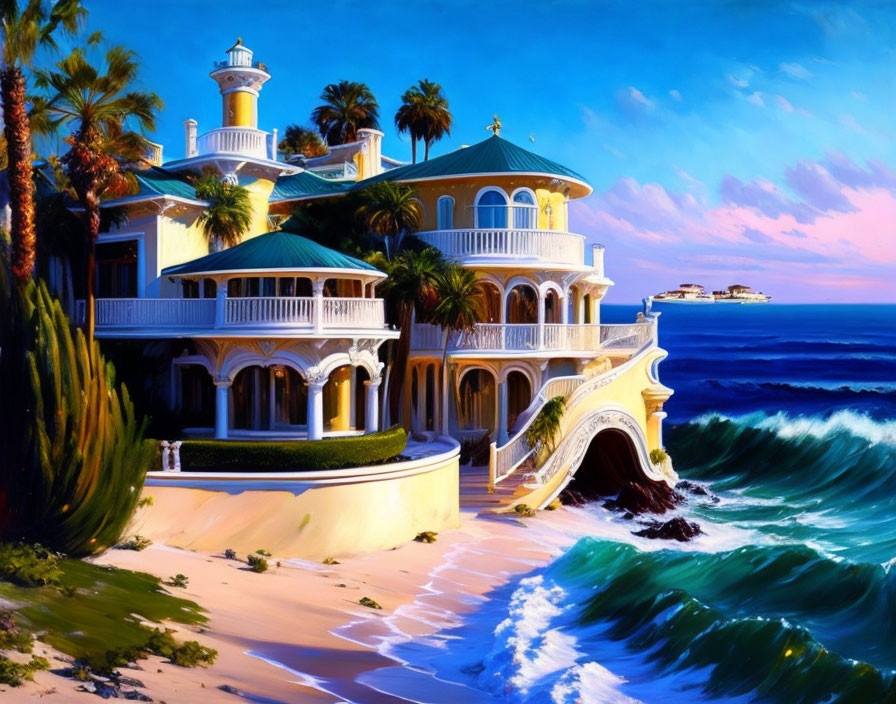 Luxurious beachfront mansion painting with balconies and palm trees