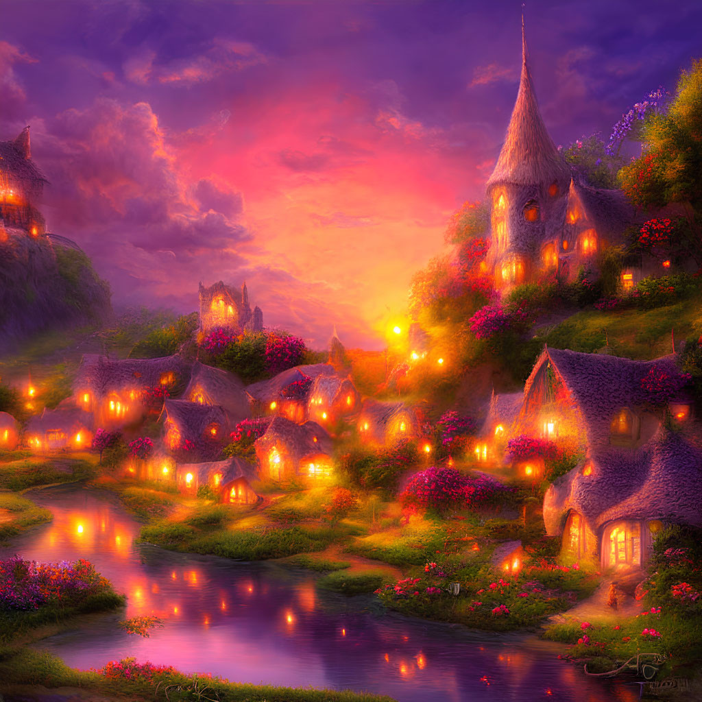 Enchanting fantasy village with thatched-roof cottages beside tranquil river at sunset