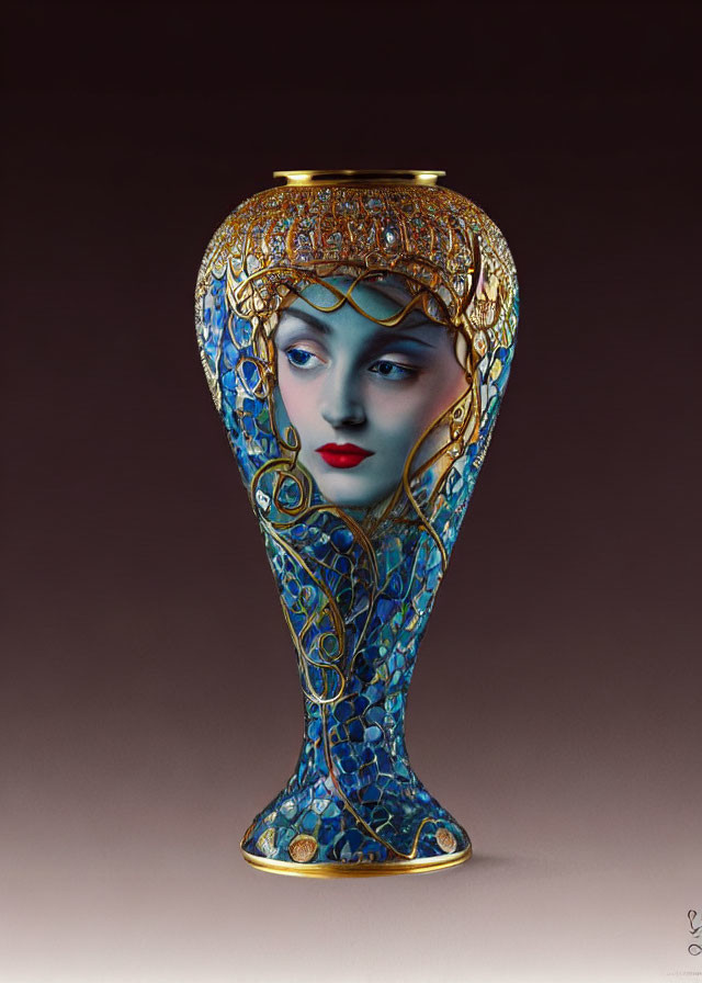 Art Nouveau Style Vase with Woman's Face, Blue Patterns, and Gold Detailing