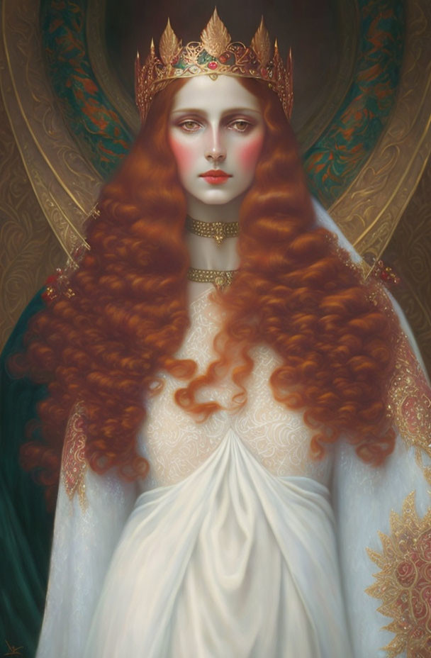 Regal figure with red hair, golden crown, and white gown