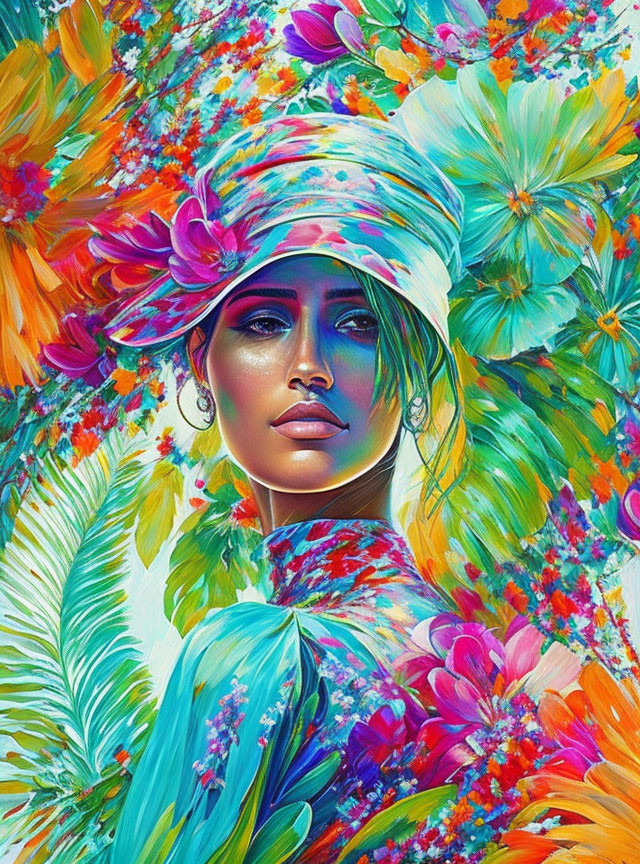 Colorful Woman Portrait with Floral Patterns on Attire and Hat