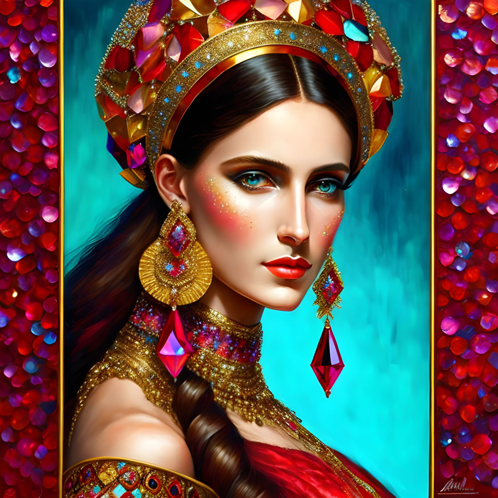 Digital Artwork: Woman with Ornate Headpiece and Blue Eyes on Bokeh Background