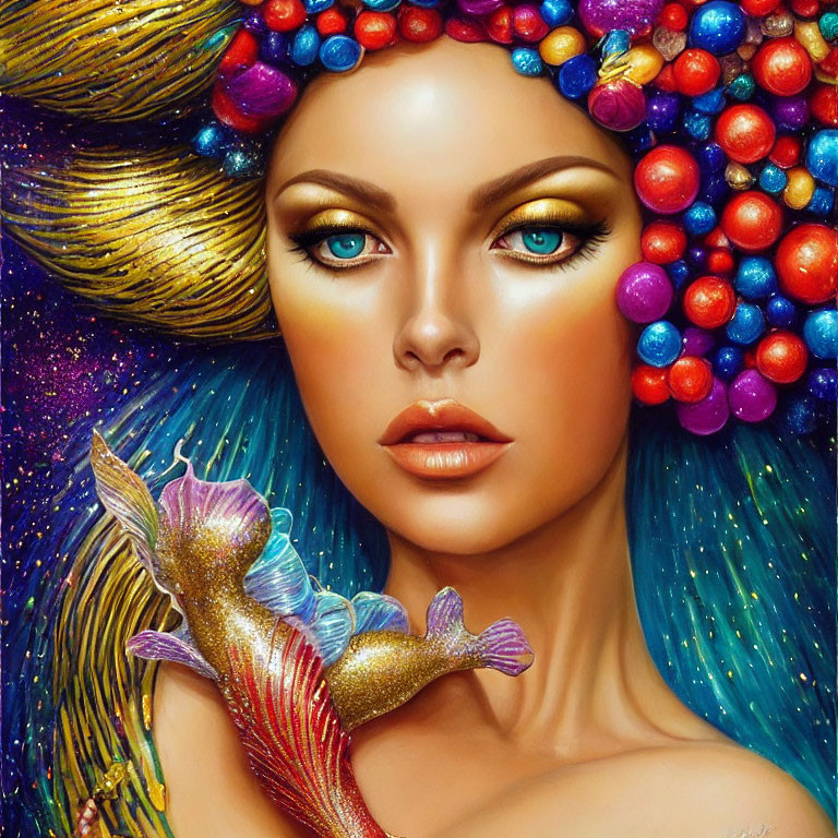 Colorful illustration of woman with blue eyes and candy-like beads holding mermaid figurine