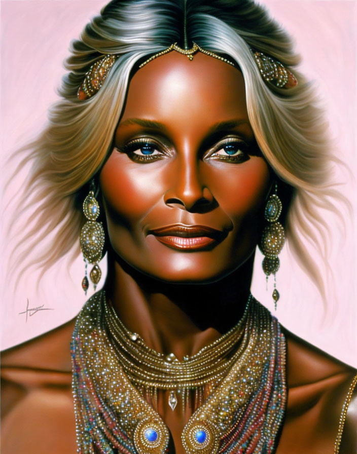 Illustration: Woman with tan skin, gray eyes, elegant jewelry, beaded necklace, and head