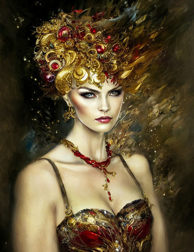 Intricate golden headgear with red gems, feathers, dramatic makeup, and ornate necklace