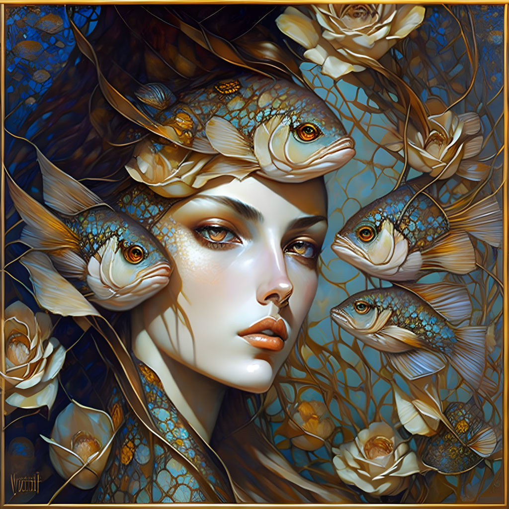 Fantastical portrait of woman with fish and floral elements on blue and gold backdrop