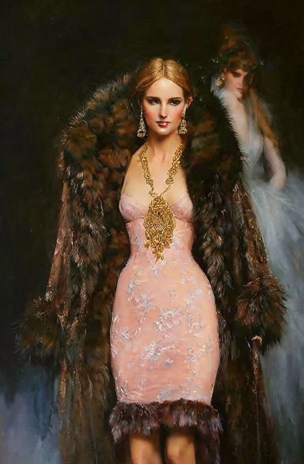 Pink lace dress with gold necklace and fur shawl on elegant woman