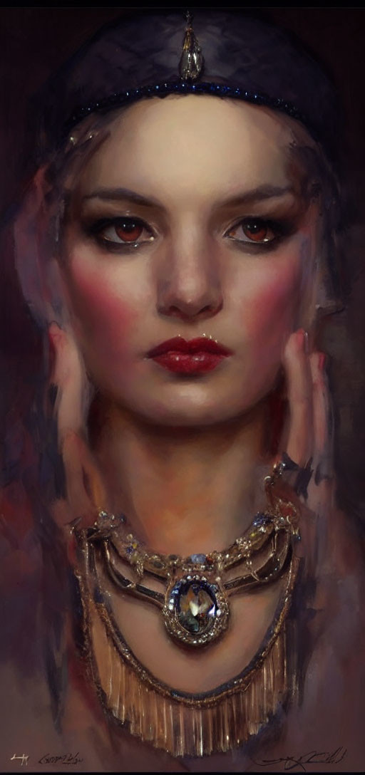 Portrait of a Woman with Jeweled Accessories and Enigmatic Eyes