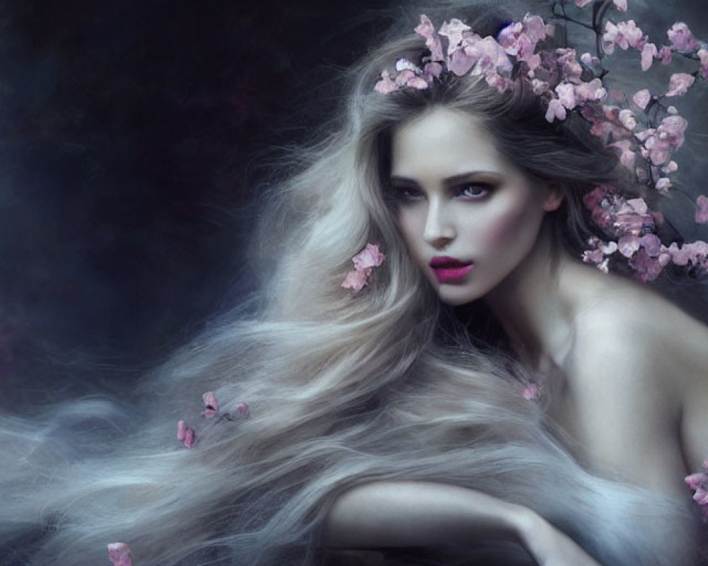 Woman with Long Flowing Hair and Pink Blossoms on Dark Background