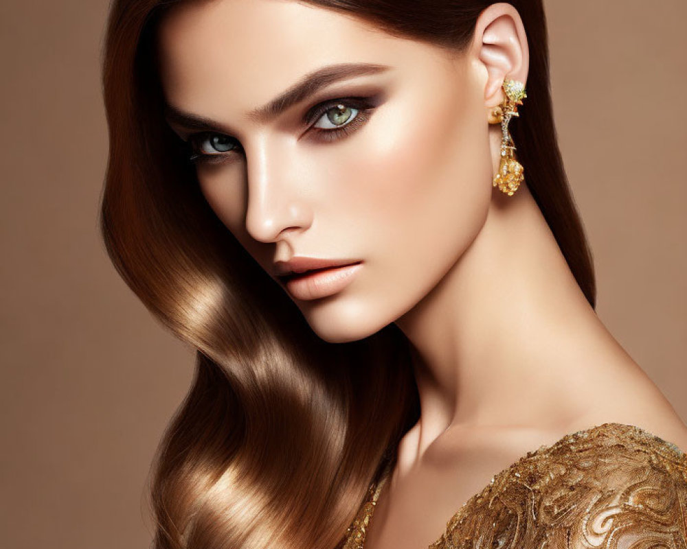 Woman with Long Wavy Hair and Striking Blue Eyes in Golden Headpiece