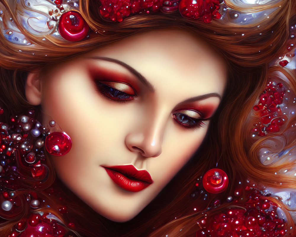 Fantastical portrait of a woman with swirling glossy hair and glistening red orbs.