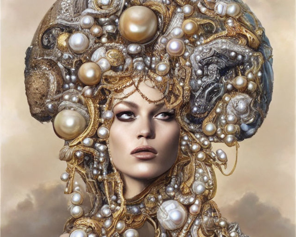 Woman with Ornate Pearl Headdress Against Cloudy Background