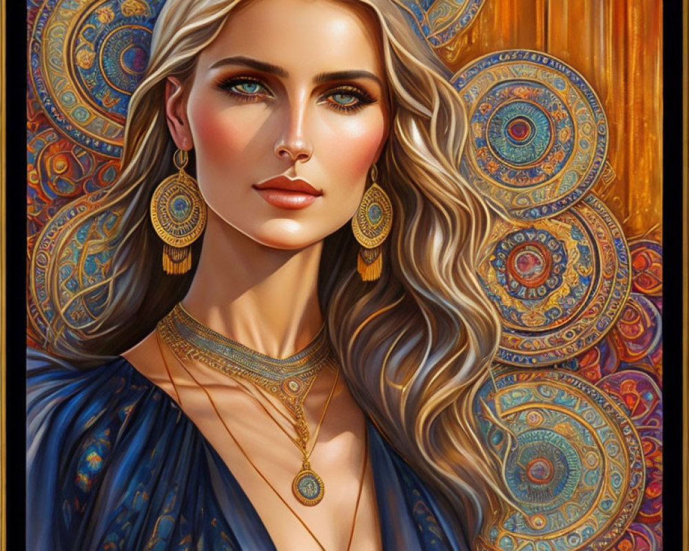 Blond woman with green eyes in blue garment and gold jewelry against ornate background