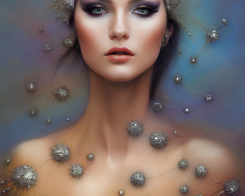 Portrait of Woman with Dandelion-Inspired Headpiece on Gradient Background