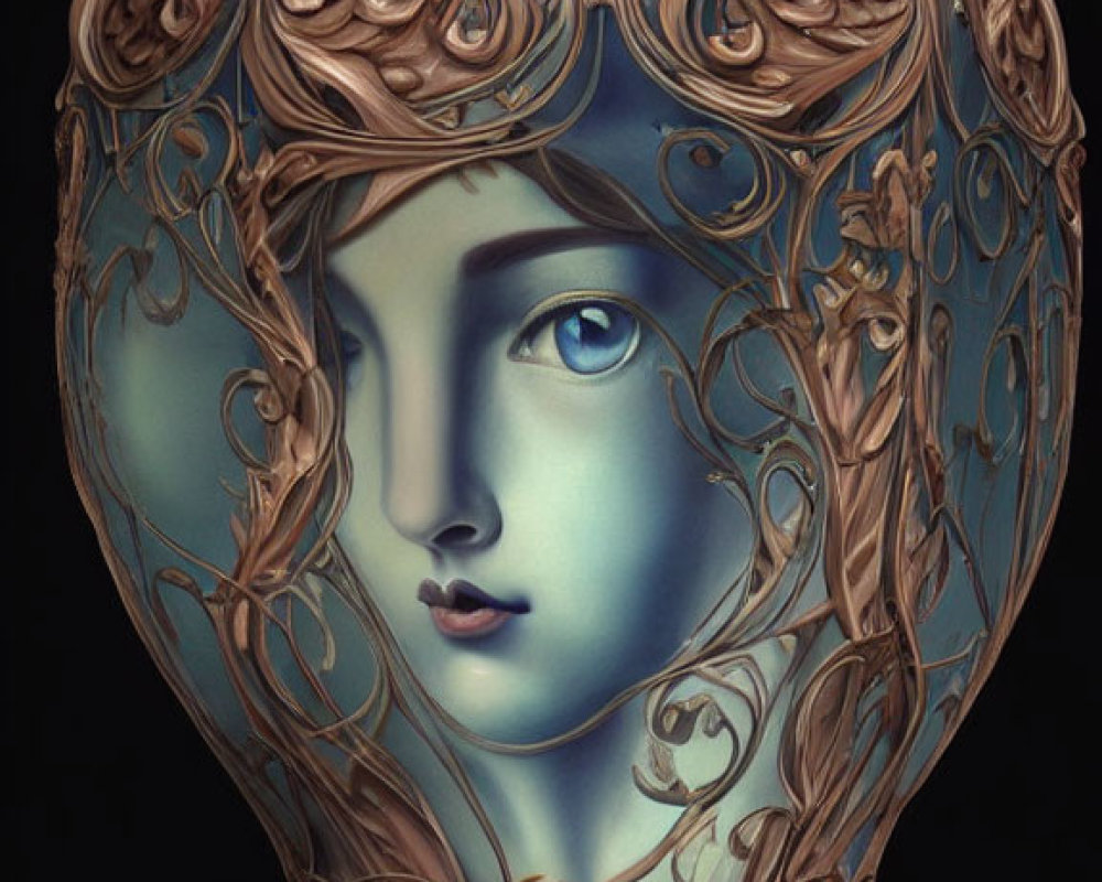 Art Nouveau-Inspired Vase with Feminine Face and Swirling Patterns