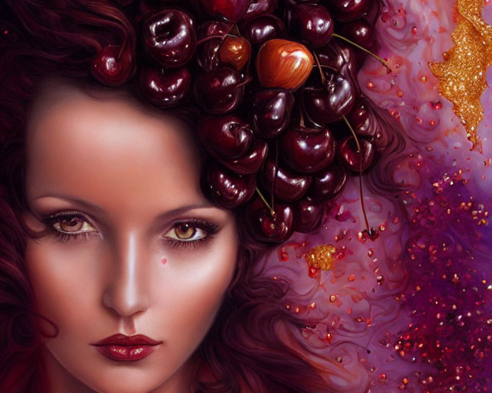 Woman with Deep Red Hair, Cherry Adornments, and Golden Sparkles