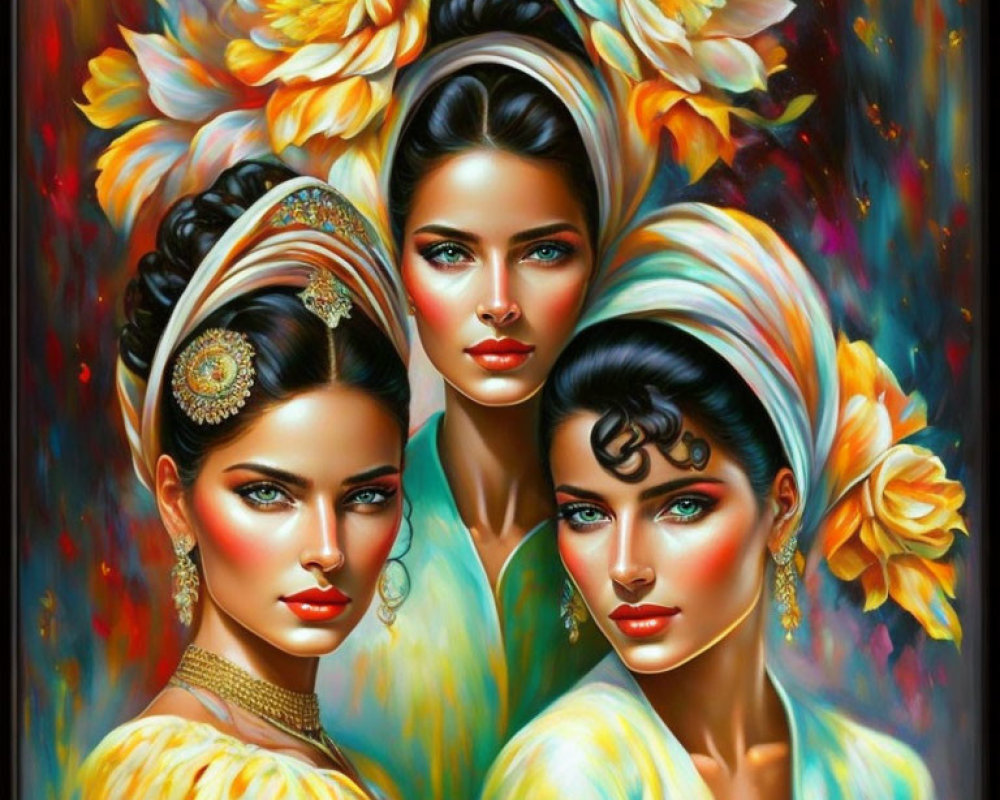 Three women adorned with floral and jeweled accessories on vibrant background